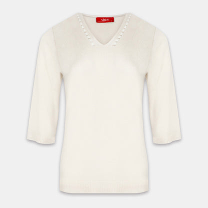Blusa punto escote V calado manga 3/4 - C0008 Clasicos