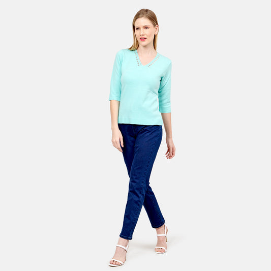 Blusa punto escote V calado manga 3/4 - C0008 Primavera