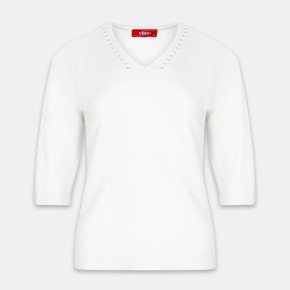 Blusa punto escote V calado manga 3/4 - C0008 Clasicos