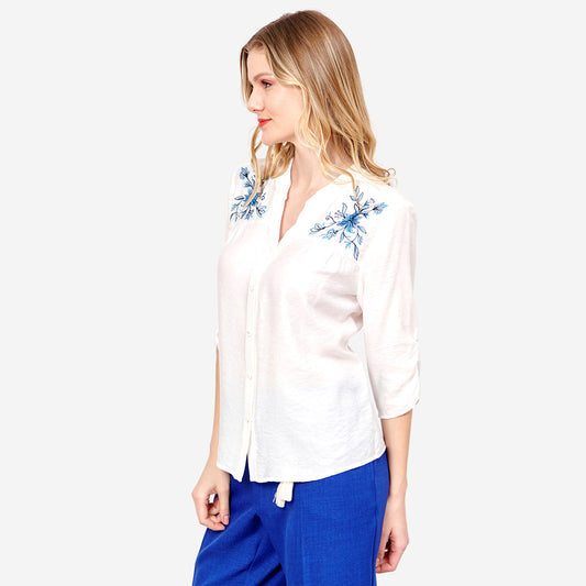 Blusa abierta manga corta con bordado Loreto