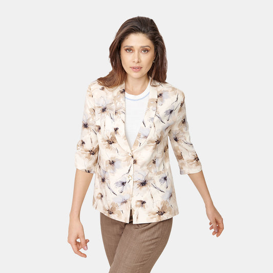 Saco estampado floral con plisado y manga 3/4