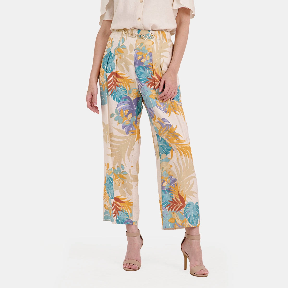 V68842 - Pantalón estampado tropical con cadena en pretina Catalina