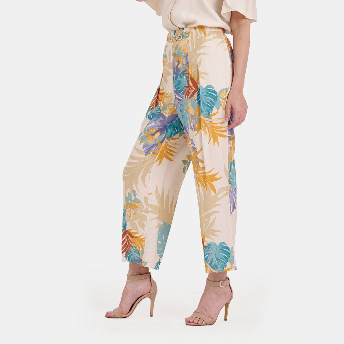 V68842 - Pantalón estampado tropical con cadena en pretina Catalina