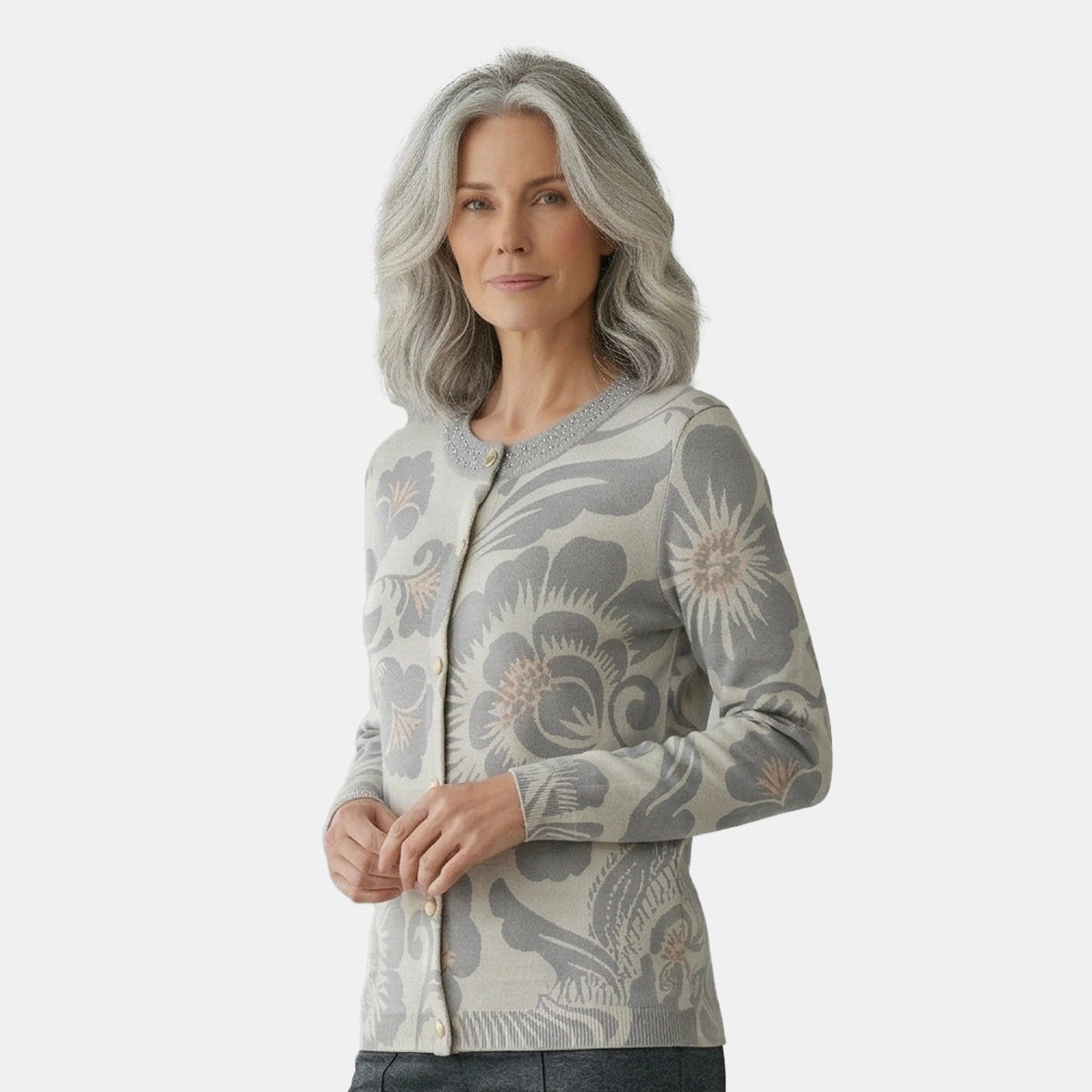 V68881 - Cárdigan estampado con detalle de trenza en costado Complemento