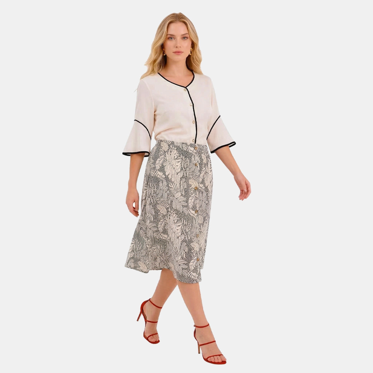 V69122 - Falda estampado tropical con botones al frente Leonor